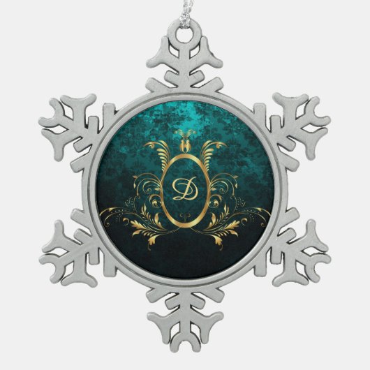 ラグジュアリーパーソナライズされたダマスク金ゴールドフレーム スノーフレークピューターオーナメント (正面)