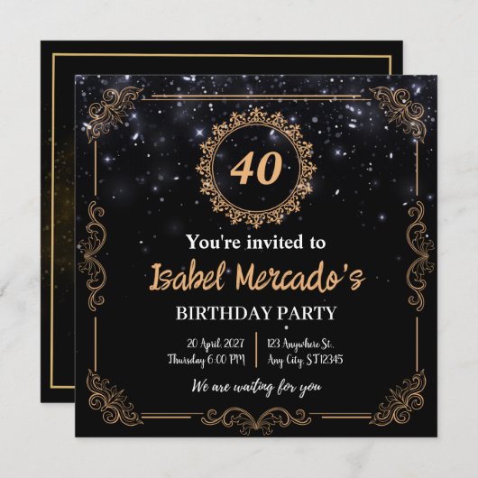 ラグジュアリーパーソナライズされたブラック金ゴールド誕生日招待状 招待状 (正面/裏面)