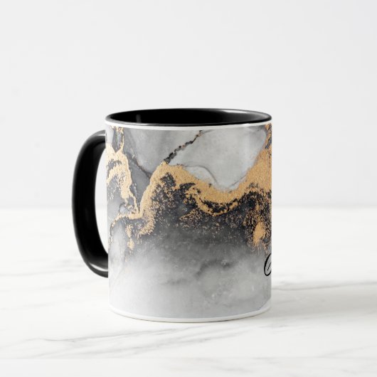 ラグジュアリーパーソナライズされたブラック&金ゴールドウォーターカラーマーブル マグカップ (正面左)
