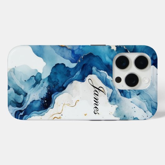 ラグジュアリーパーソナライズされたブルー、ホワイト&金ゴールドウォーターカラー Case-Mate iPhoneケース (裏面 (横))