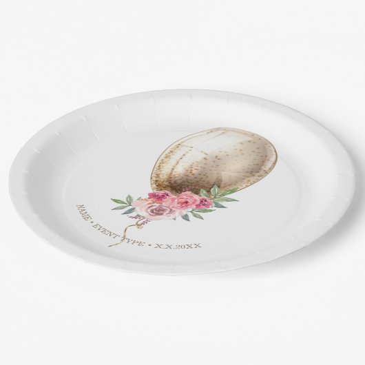 ラグジュアリーパーソナライズされたベージュバルーングリッターパーティー ペーパープレート (アングル)