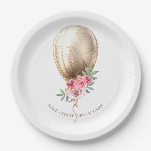 ラグジュアリーパーソナライズされたベージュバルーングリッターパーティー ペーパープレート (正面)