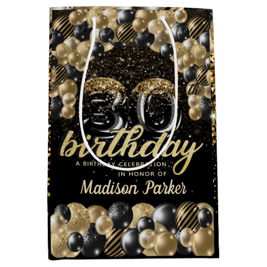 ラグジュアリーパーソナライズされた30thバースデーブラック金ゴールド ミディアムペーパーバッグ (正面)
