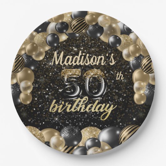 ラグジュアリーパーソナライズされた50th誕生日バルーン紙Pl ペーパープレート (正面)
