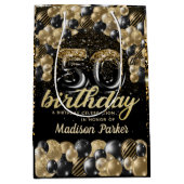ラグジュアリーパーソナライズされた50th誕生日ブラック金ゴールド ミディアムペーパーバッグ (正面)