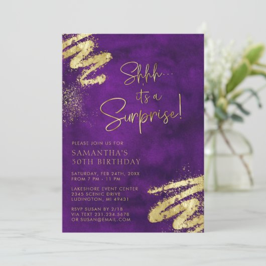 ラグジュアリーパープルと金ゴールドサプライズ誕生日パーティー 招待状 (スタンド正面)