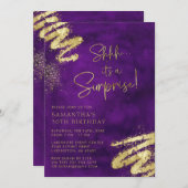 ラグジュアリーパープルと金ゴールドサプライズ誕生日パーティー 招待状 (正面/裏面)
