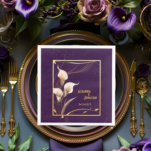 ラグジュアリーパープル&アイボリーカラリリー結婚ズ スタンダードカクテルナプキン