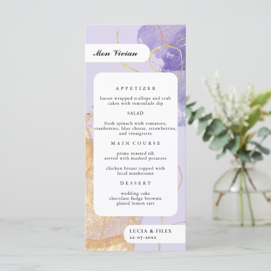 ラグジュアリーパープル&ゴールデン抽象芸術ゲストネームディナー メニュー (スタンド正面)