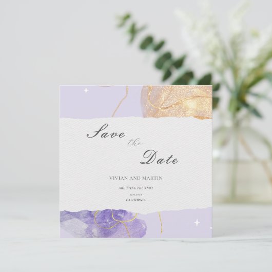 ラグジュアリーパープル&ゴールデン抽象芸術ザデイト 招待状 (スタンド正面)