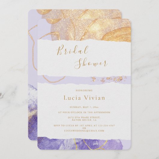 ラグジュアリーパープル&ゴールデン抽象芸術ブライダルシャワー 招待状 (正面/裏面)