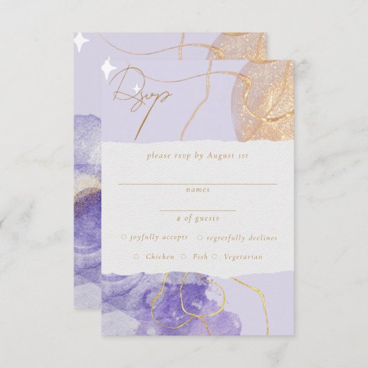 ラグジュアリーパープル&ゴールデン抽象芸術RSVP エンクロージャーカード (正面/裏面)