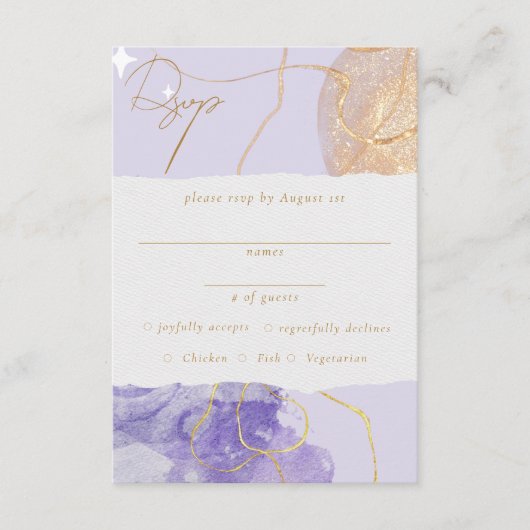 ラグジュアリーパープル&ゴールデン抽象芸術RSVP エンクロージャーカード (正面)
