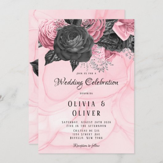 ラグジュアリーピンクとブラックフローラインキン結婚グズインビタ 招待状 (正面/裏面)
