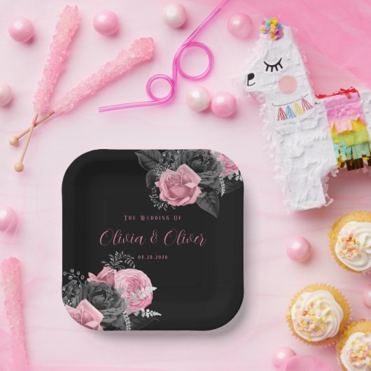 ラグジュアリーピンクとブラックフローライン結婚キングの紙 ペーパープレート (パーティー)