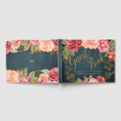 ラグジュアリーピンクのネイビーフローラタイポグラフィ結婚スクリプト ゲストブック (全面)