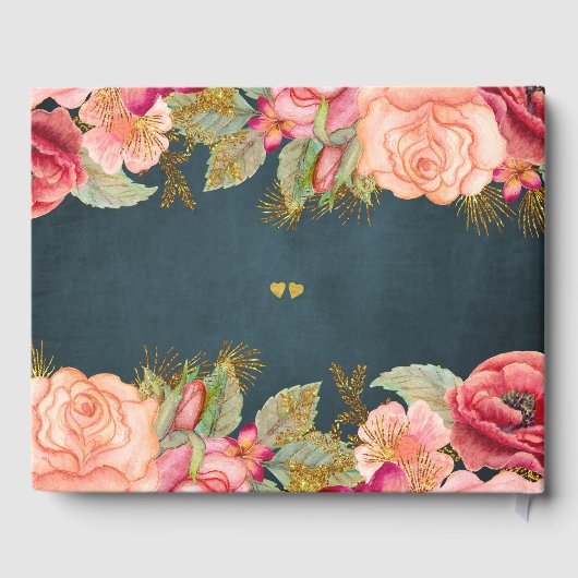 ラグジュアリーピンクのネイビーフローラタイポグラフィ結婚スクリプト ゲストブック (裏面)