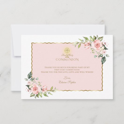 ラグジュアリーピンクの花金ゴールドファーストホーリーコミュニオン サンキューカード (正面)