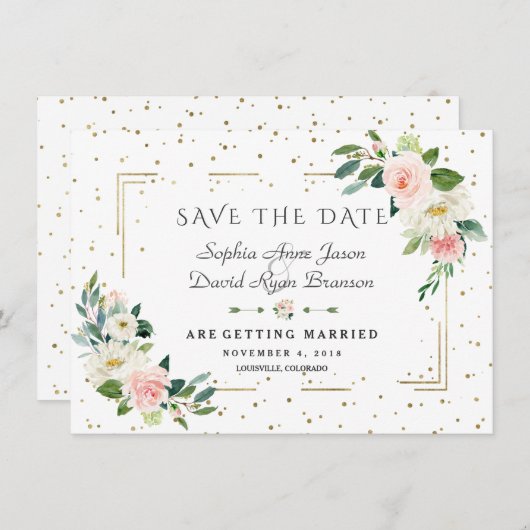 ラグジュアリーピンクの花金ゴールドフレーム結婚紙吹雪 セーブザデート (正面/裏面)