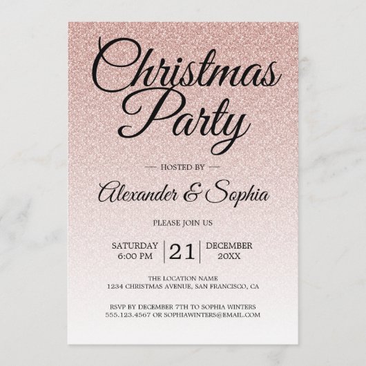 ラグジュアリーピンクグリッターグラデーションクリスマスパーティー 招待状 (正面)