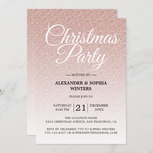 ラグジュアリーピンクグリッターグラデーションクリスマスパーティー 招待状 (正面/裏面)