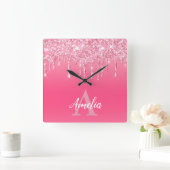 ラグジュアリーピンクグリッタードリップス独自のモノグラムを追加 スクエア壁時計 (ホーム)