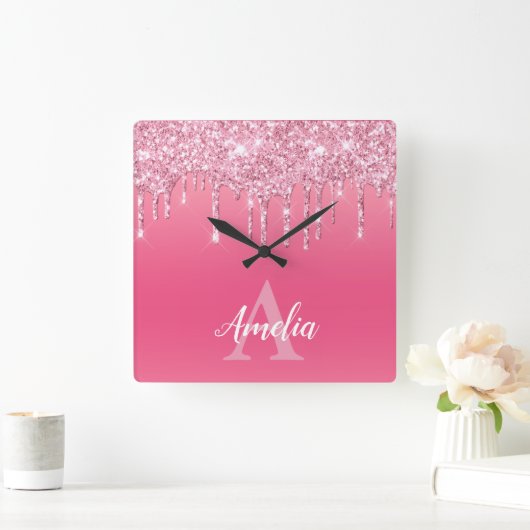 ラグジュアリーピンクグリッタードリップス独自のモノグラムを追加 スクエア壁時計 (ホーム)
