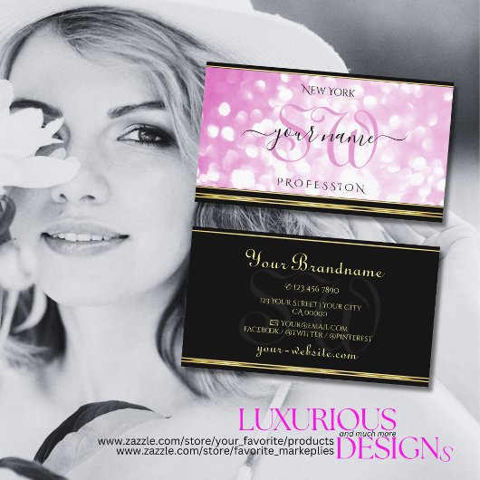 ラグジュアリーピンクグリッターブラック金ゴールドイニシャル 名刺