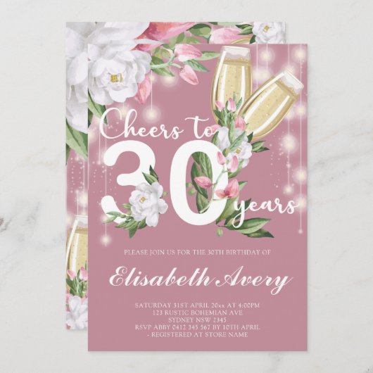 ラグジュアリーピンクシャンパンフローラ30th誕生日パーティー 招待状 (正面/裏面)