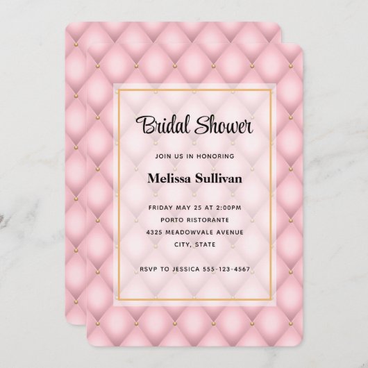 ラグジュアリーピンクタフテッドダイヤモンドパターンブライダルシャワー 招待状 (正面/裏面)