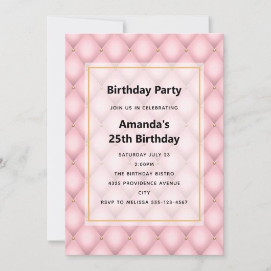 ラグジュアリーピンクタフテッドダイヤモンドパターン誕生日 招待状 (正面)