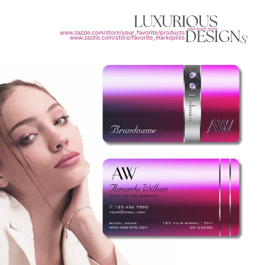 ラグジュアリーピンクパープルグラデーションシルバーデコールイニシャル 名刺