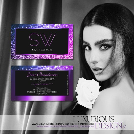 ラグジュアリーピンクパープルグラデーションスパークルグリッターモノグラム 名刺