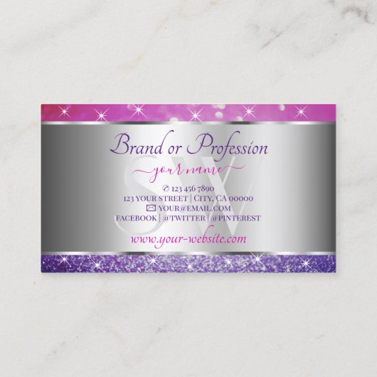 ラグジュアリーピンクパープルグリッタースターズイニシャルシルバー 名刺 (裏面)