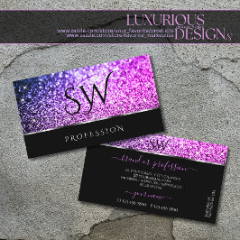 ラグジュアリーピンクパープルグリッタースターズブラックイニシャル 名刺
