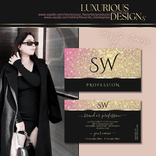 ラグジュアリーピンクパープル金ゴールドグリッタースターズアンドイニシャル 名刺