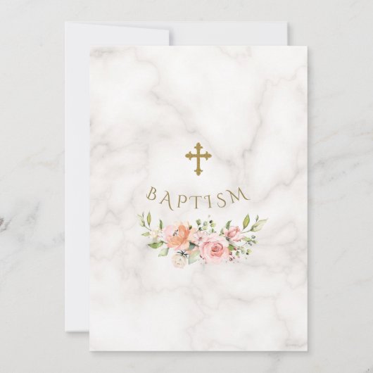 ラグジュアリーピンクフラワーズ金ゴールドグリッターマーブルバプテスマ 招待状 (裏面)