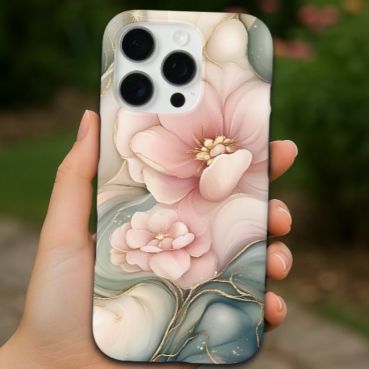 ラグジュアリーピンクフローラと夢のような大理石パターン Case-Mate iPhoneケース