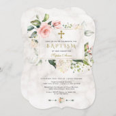 ラグジュアリーピンクフローラフレームマーブル金ゴールドクロスバプテスマ 招待状 (正面/裏面)