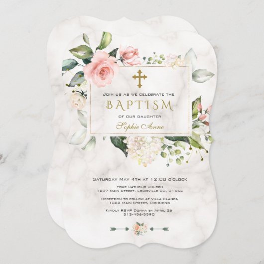 ラグジュアリーピンクフローラフレームマーブル金ゴールドクロスバプテスマ 招待状 (正面/裏面)