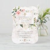 ラグジュアリーピンクフローラフレームマーブル金ゴールドクロスバプテスマ 招待状 (スタンド正面)