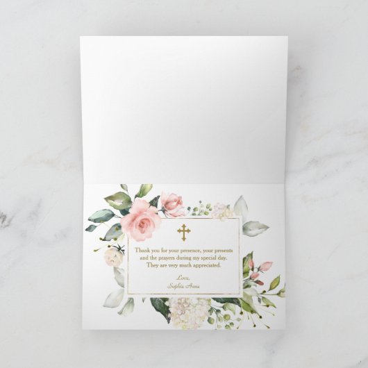 ラグジュアリーピンクフローラフレーム大理石金ゴールドクロスバプティスマ サンキューカード (内部)