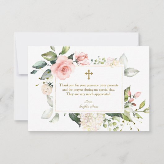 ラグジュアリーピンクフローラフレーム金ゴールドクロスガールバプテスマ サンキューカード (正面)