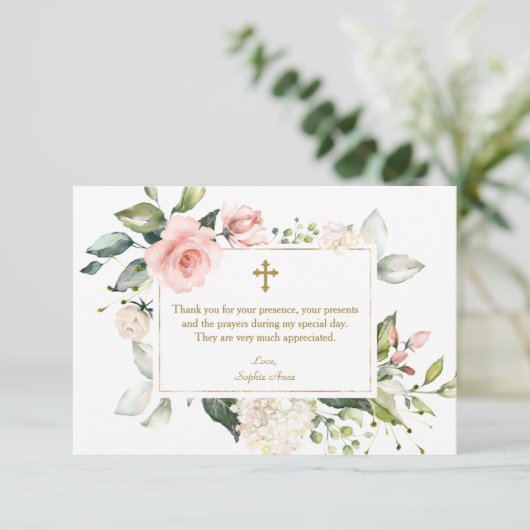 ラグジュアリーピンクフローラフレーム金ゴールドクロスガールバプテスマ サンキューカード (スタンド正面)