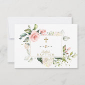 ラグジュアリーピンクフローラフレーム金ゴールドクロスガールバプテスマ サンキューカード (裏面)