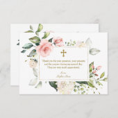 ラグジュアリーピンクフローラフレーム金ゴールドクロスガールバプテスマ サンキューカード (正面/裏面)