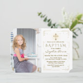 ラグジュアリーピンクフローラ金ゴールドグリッターフォトガールバプテスマ 招待状 (スタンド正面)