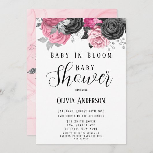 ラグジュアリーピンクブラックベビーイン開花ベビーシャワーインビータ 招待状 (正面/裏面)