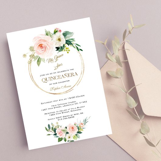 ラグジュアリーピンクホワイトフラワーズ金ゴールドキンセアニラ 招待状