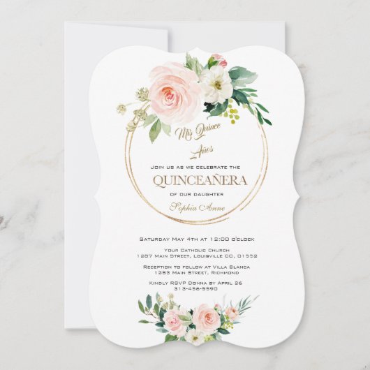 ラグジュアリーピンクホワイトフラワーズ金ゴールドキンセアニラ 招待状 (正面)